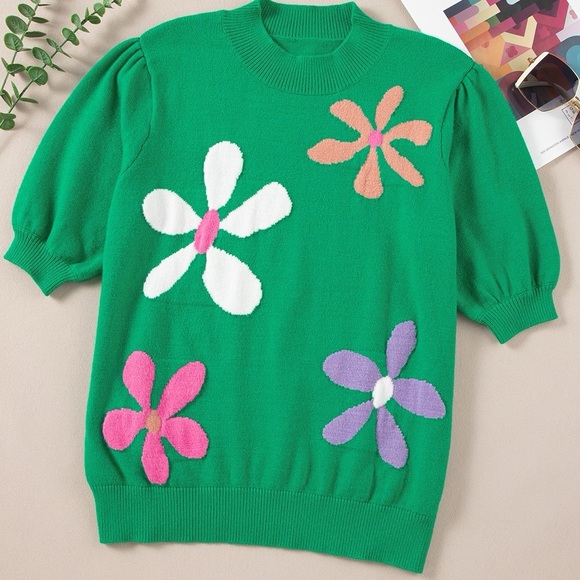 Flower Mock Neck Short Sleeve Sweater - Picture 7 of 10